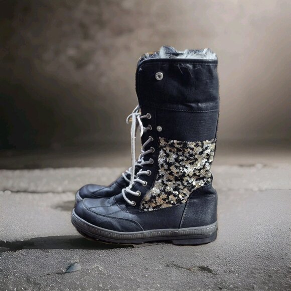 Justice Girls  Black Fur-lined Lace-up Fold Winter Boots W/Sequins Size 8 - Picture 3 of 8